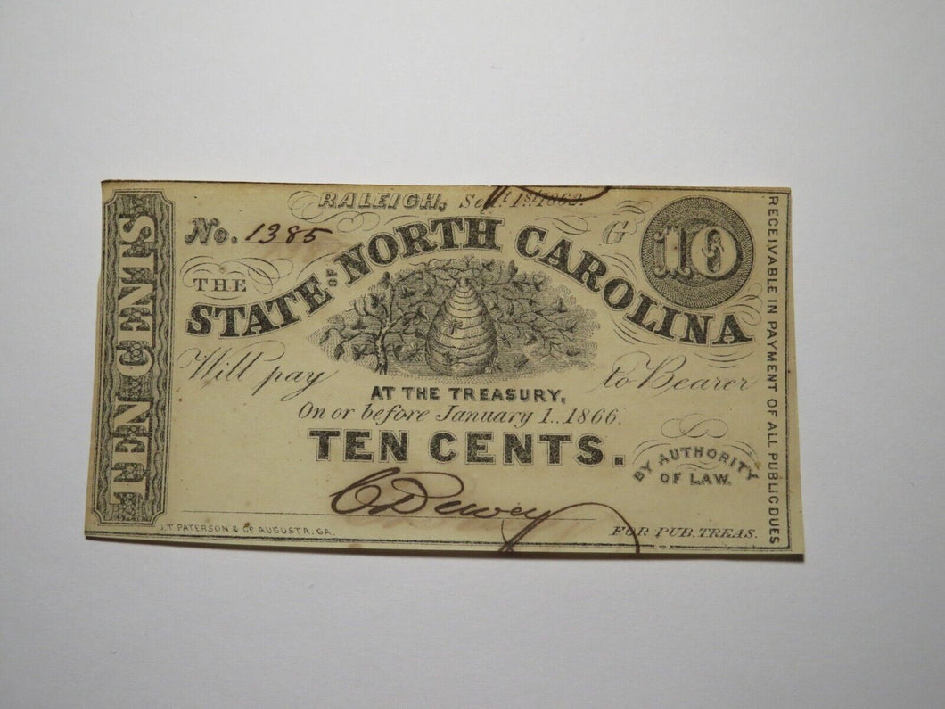 $.10 1862 Raleigh North Carolina Obsolete Currency Bank Note Bill NC State UNC+