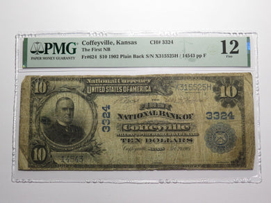 $10 1902 Coffeyville Kansas KS National Currency Bank Note Bill Ch #3324 F12 PMG