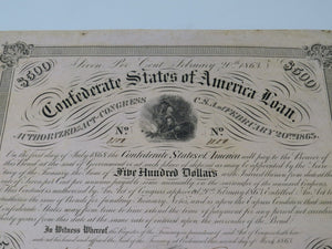 $500 1863 Confederate Bond Certificate Currency Bank Note Bill UNC 14" X 10.5"