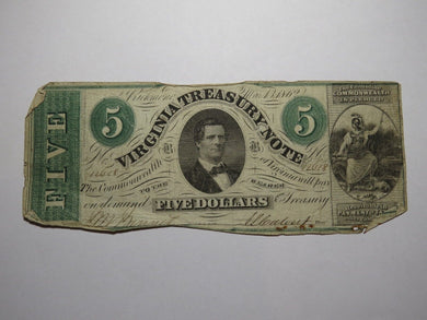 $5 1862 Richmond Virginia VA Obsolete Currency Treasury Bank Note Bill