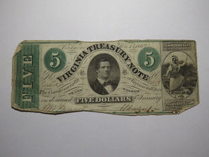$5 1862 Richmond Virginia VA Obsolete Currency Treasury Bank Note Bill