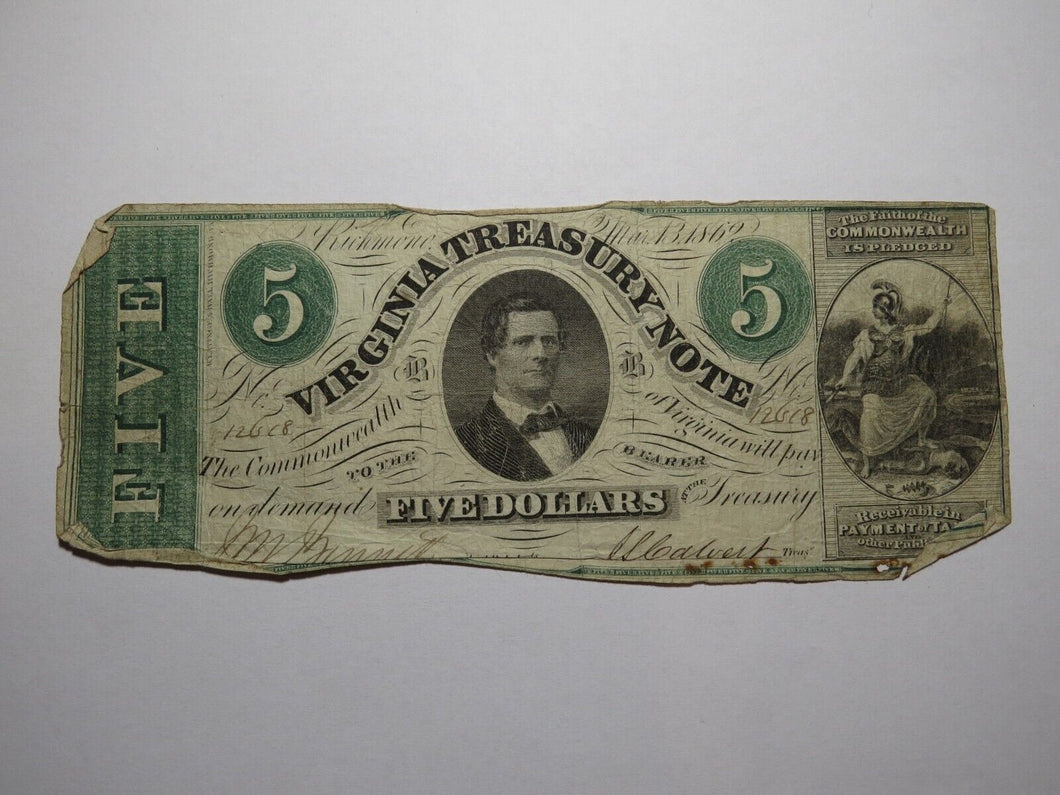 $5 1862 Richmond Virginia VA Obsolete Currency Treasury Bank Note Bill