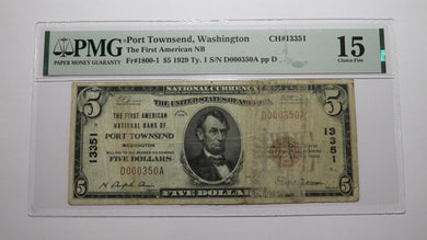 $5 1929 Port Townsend Washington National Currency Bank Note Bill Ch. #13351 F15