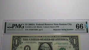 $1 2003A Repeater Serial Number Federal Reserve Currency Bank Note Bill UNC66EPQ