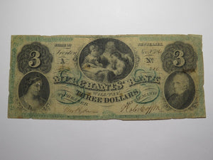 $3 1861 Trenton New Jersey NJ Obsolete Currency Bank Note Bill Merchants Bank