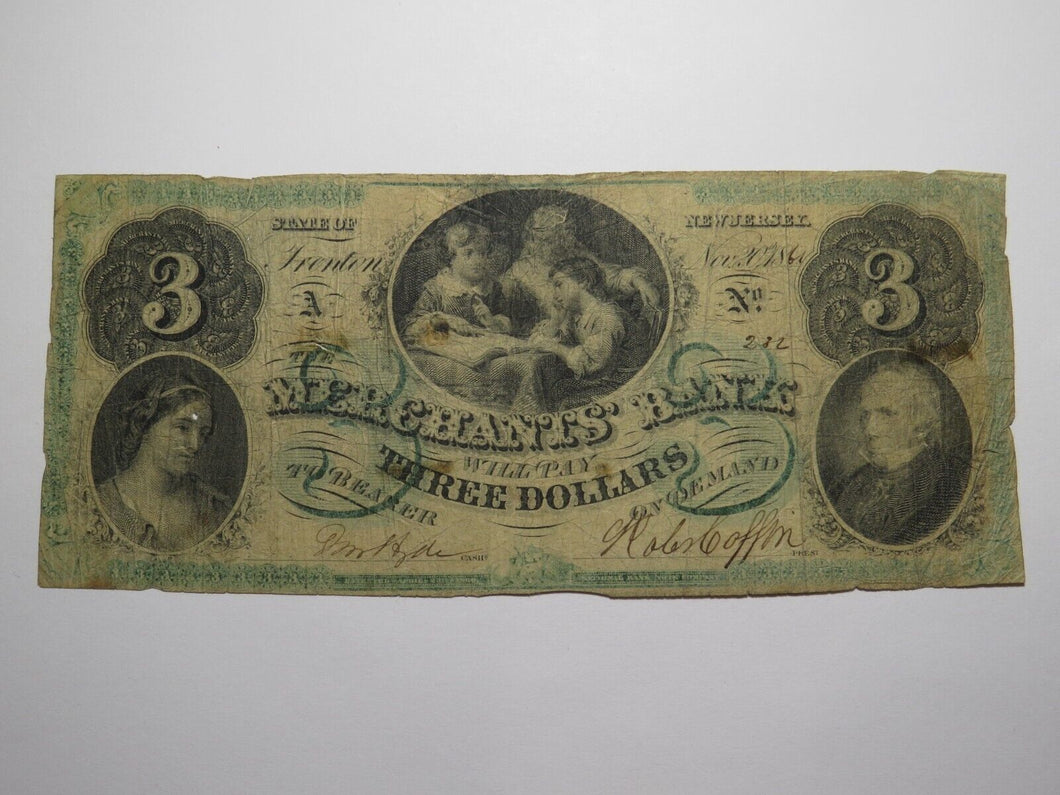 $3 1861 Trenton New Jersey NJ Obsolete Currency Bank Note Bill Merchants Bank