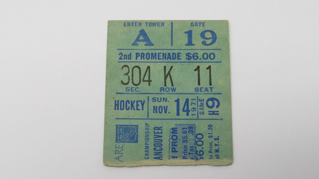 November 14, 1971 New York Rangers Vs. Vancouver Canucks NHL Hockey Ticket Stub