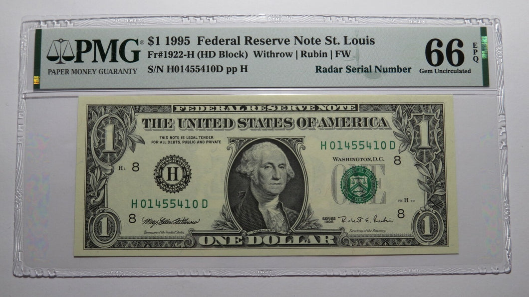$1 1995 Radar Serial Number Federal Reserve Currency Bank Note Bill PMG UNC66EPQ