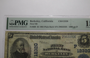 $5 1902 Berkeley California CA National Currency Bank Note Bill #12320 F15 PMG