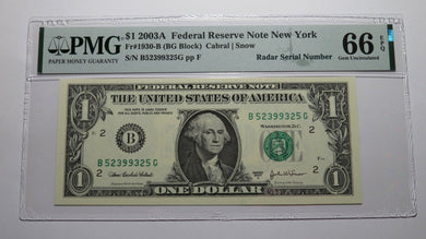 $1 2003 Radar Serial Number Federal Reserve Currency Bank Note Bill PMG UNC66EPQ