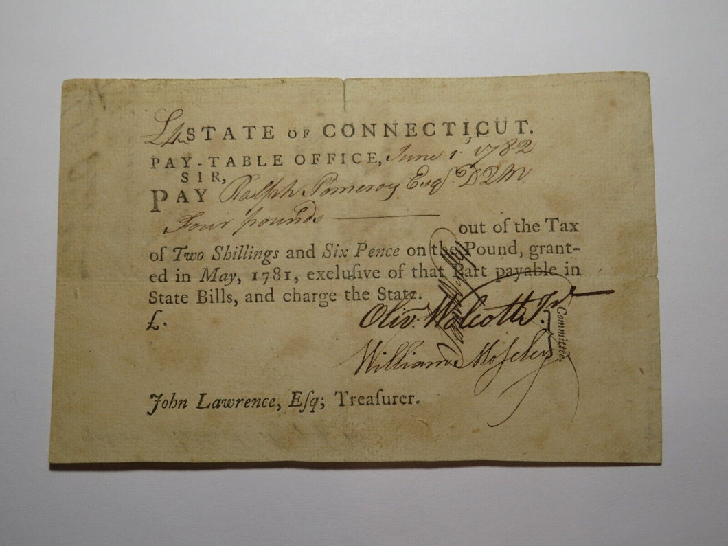 1782 4 Pounds Connecticut Pay Table Colonial Currency Note Moseley Moseley