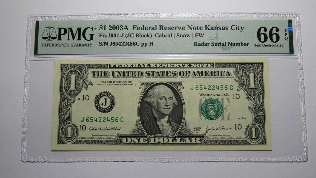 $1 2003 Radar Serial Number Federal Reserve Currency Bank Note Bill PMG UNC66EPQ