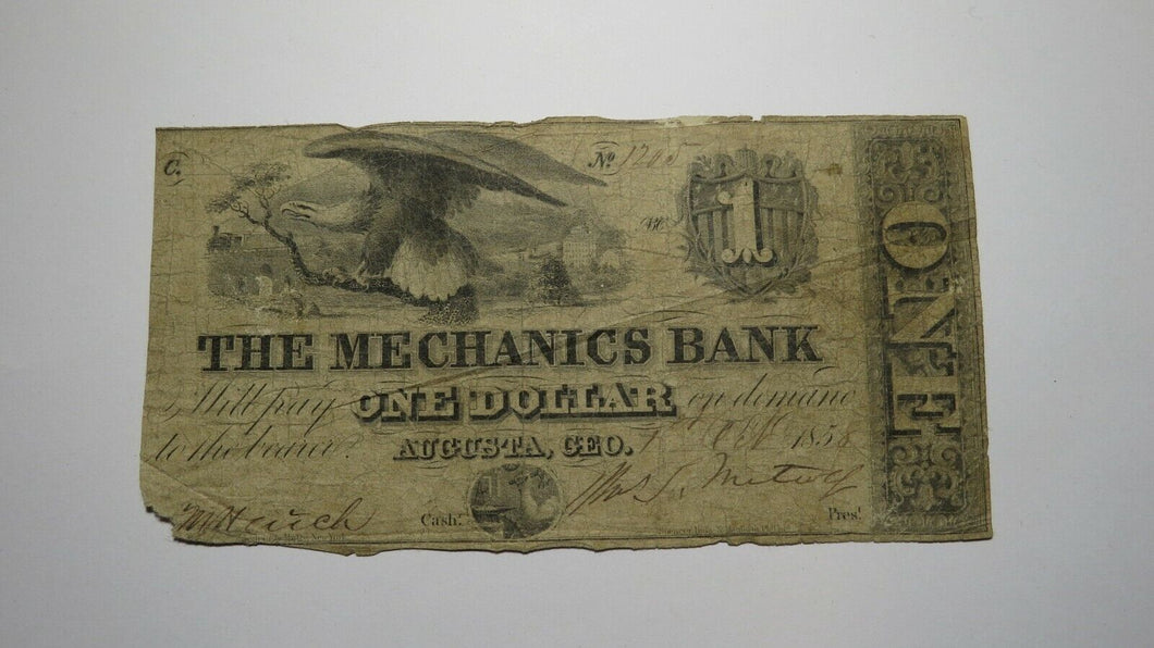 $1 1858 Augusta Georgia GA Obsolete Currency Bank Note Bill! The Mechanics Bank