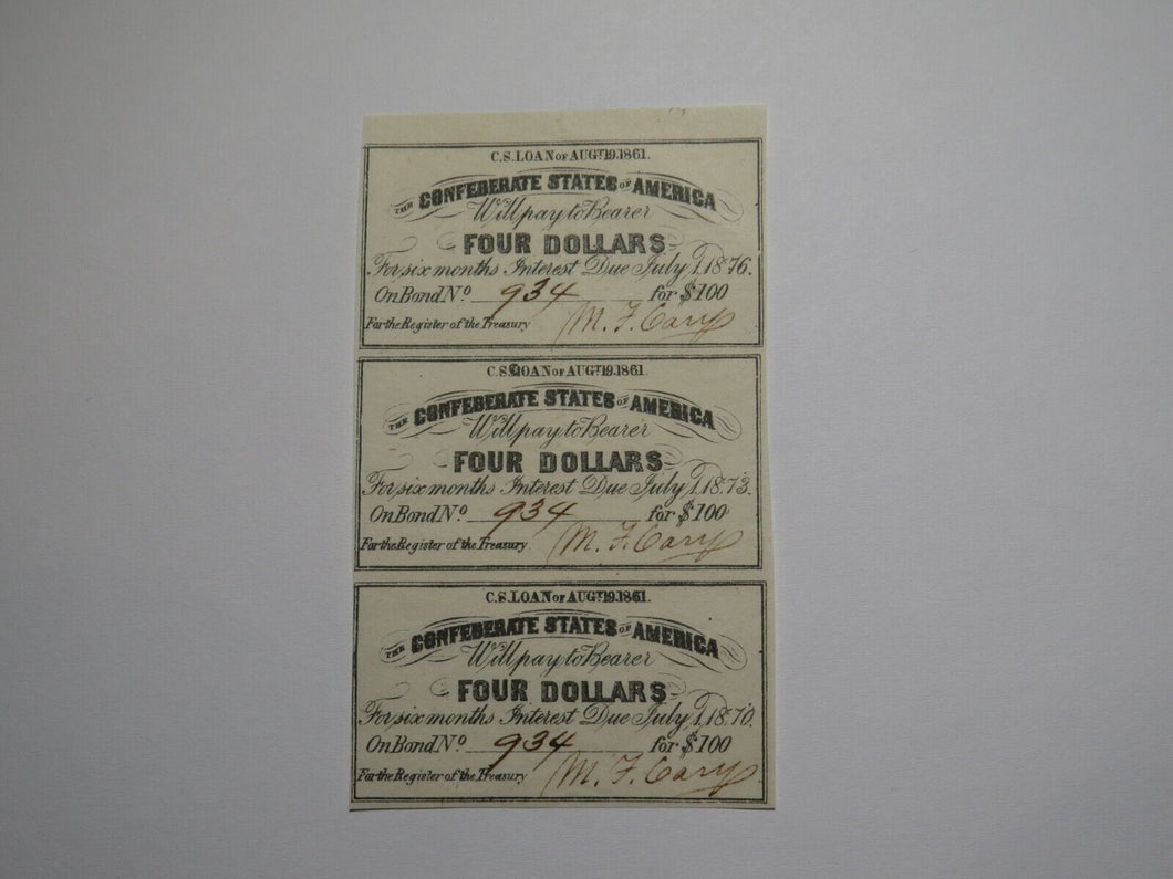 $4 1861 Confederate Bond Coupon Certificate Uncut Sheet Currency Bank Note Bill