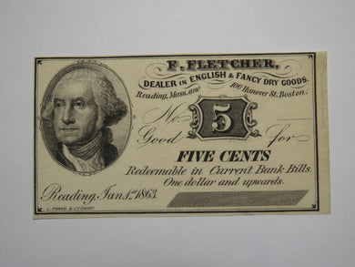 $.05 1863 Reading Boston Massachusetts Obsolete Currency Bank Note Bill Fletcher