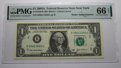 $1 2003 Radar Serial Number Federal Reserve Currency Bank Note Bill PMG UNC66EPQ