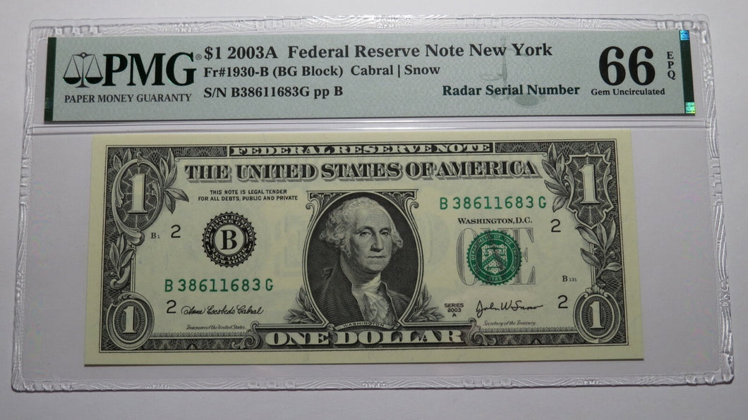 $1 2003 Radar Serial Number Federal Reserve Currency Bank Note Bill PMG UNC66EPQ