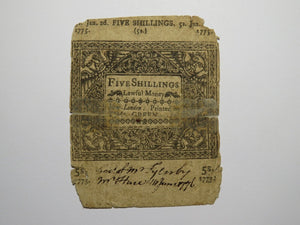 1775 Five Shillings Hartford Connecticut CT Colonial Currency Note Bill 5s