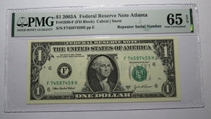 $1 2003 Repeater Serial Number Federal Reserve Currency Bank Note Bill PMG UNC65