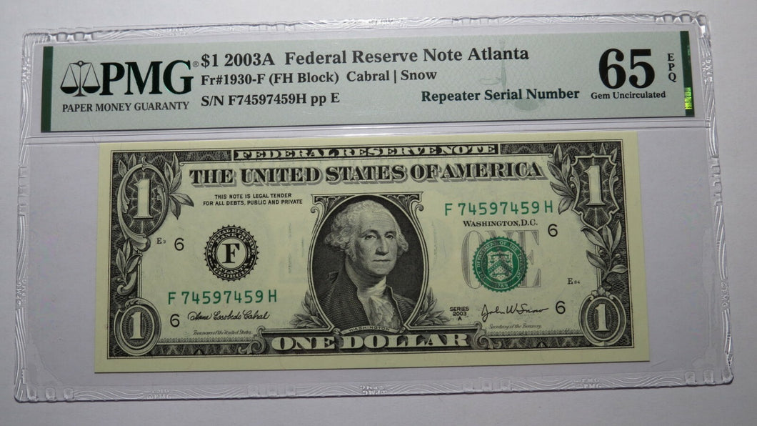 $1 2003 Repeater Serial Number Federal Reserve Currency Bank Note Bill PMG UNC65