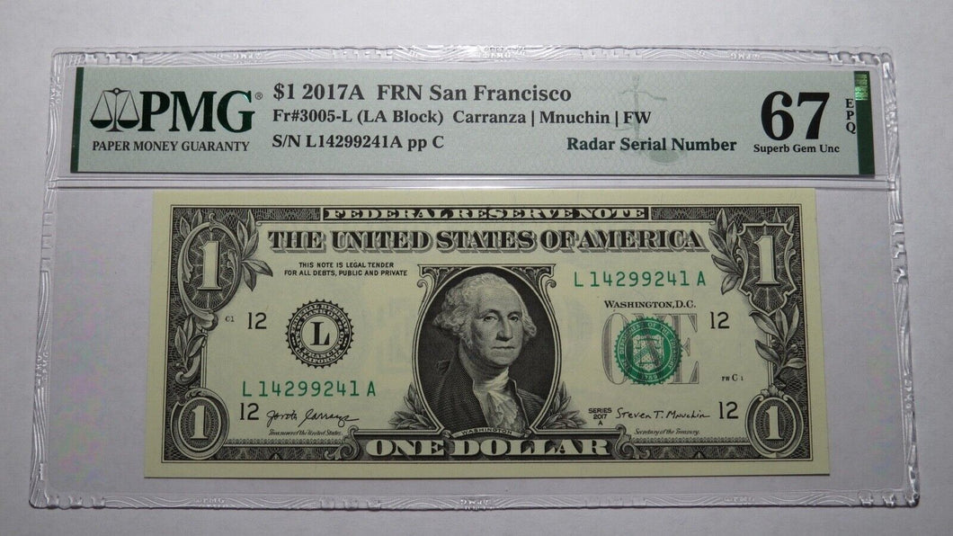 $1 2017 Radar Serial Number Federal Reserve Currency Bank Note Bill PMG UNC67EPQ