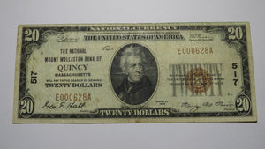 $20 1929 Quincy Massachusetts MA National Currency Bank Note Bill Ch. #517 RARE
