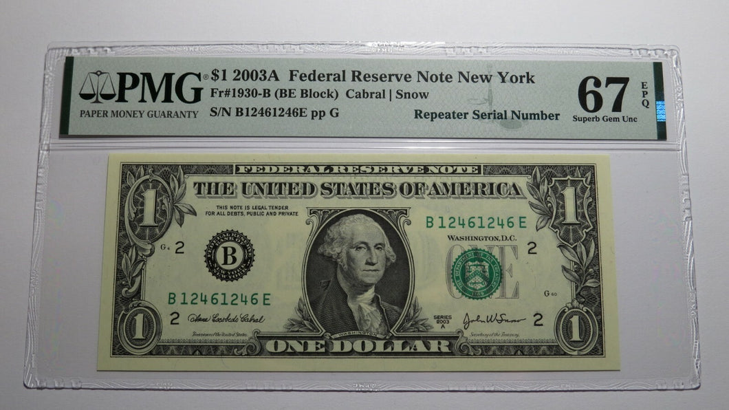 $1 2003 Repeater Serial Number Federal Reserve Currency Bank Note Bill PMG UNC67