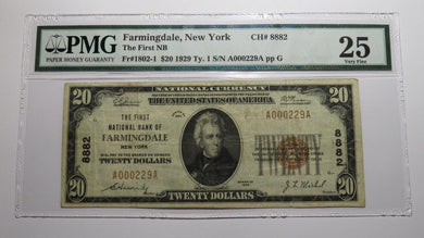 $20 1929 Farmingdale New York NY National Currency Bank Note Bill #8882 VF25 PMG