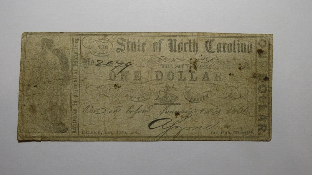 $1 1861 Raleigh North Carolina Obsolete Currency Bank Note Bill State of NC