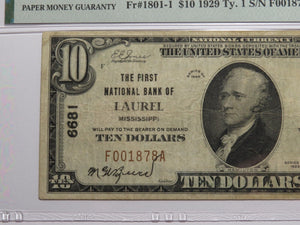 $10 1929 Laurel Mississippi National Currency Bank Note Bill Ch. #6681 VF20 PMG
