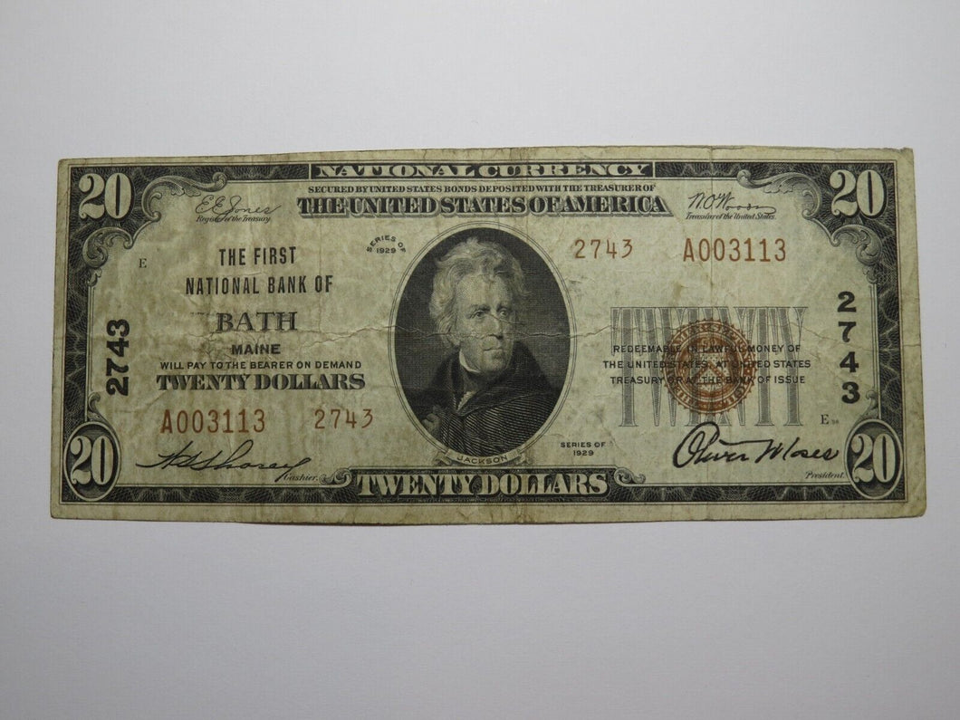 $20 1929 Bath Maine ME National Currency Bank Note Bill Charter #2743 FINE