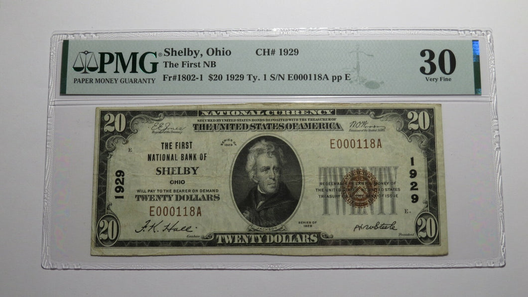 $20 1929 Shelby Ohio OH National Currency Bank Note Bill Ch. #1929 VF30 PMG