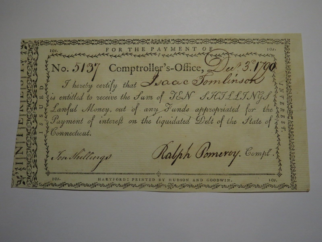 1790 10 Shillings Connecticut Comptroller Colonial Currency Note Ralph Pomeroy!