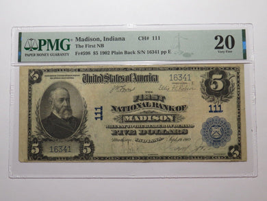 $5 1902 Madison Indiana IN National Currency Bank Note Bill Ch. #111 VF20 PMG