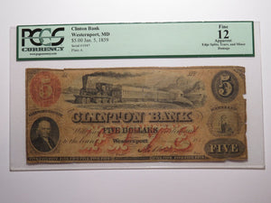 $5 1859 Westernport Maryland MD Obsolete Currency Bank Note Bill Clinton Bank