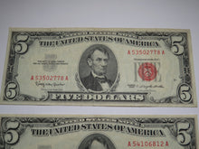 Load image into Gallery viewer, 2 $5 1963 Lincoln Red Seal Legal Tender Currency Notes Bank Bill XF Condition