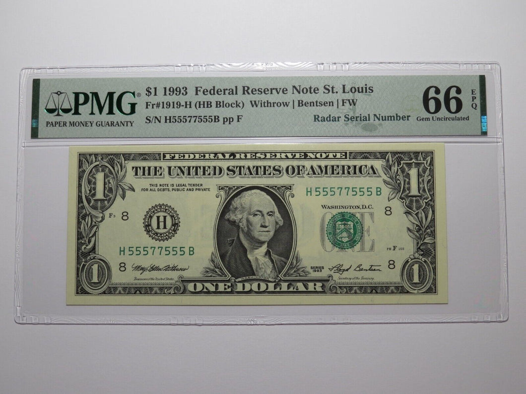 $1 1993 Fancy Radar Serial Number Federal Reserve Currency Note Bill #55577555