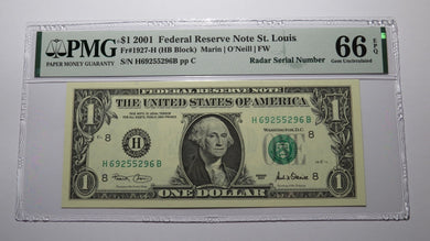 $1 2001 Radar Serial Number Federal Reserve Currency Bank Note Bill PMG UNC66EPQ