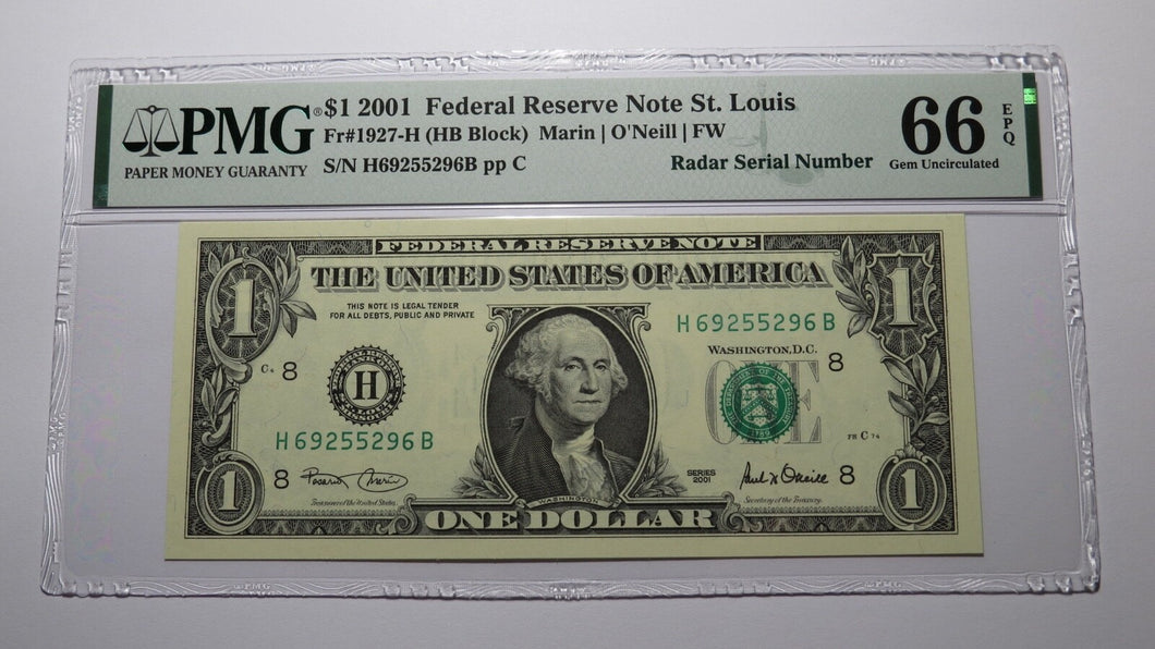 $1 2001 Radar Serial Number Federal Reserve Currency Bank Note Bill PMG UNC66EPQ
