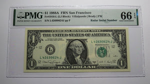 $1 1988 Radar Serial Number Federal Reserve Currency Bank Note Bill PMG UNC66EPQ
