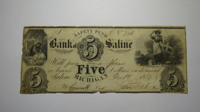 $5 1837 Saline Michigan MI Obsolete Currency Bank Note Bill! Bank of Saline