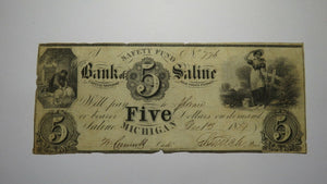 $5 1837 Saline Michigan MI Obsolete Currency Bank Note Bill! Bank of Saline