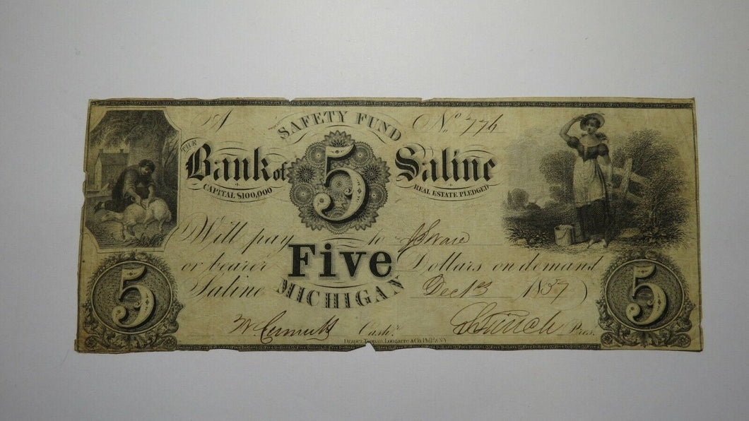 $5 1837 Saline Michigan MI Obsolete Currency Bank Note Bill! Bank of Saline
