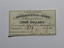 Load image into Gallery viewer, $4 1861 Confederate Bond Coupon Certificate Currency Bank Note Bill UNC