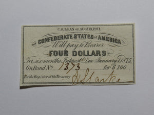 $4 1861 Confederate Bond Coupon Certificate Currency Bank Note Bill UNC