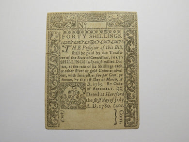 1780 Forty Shillings Hartford Connecticut Colonial Currency Bank Note Bill XF++