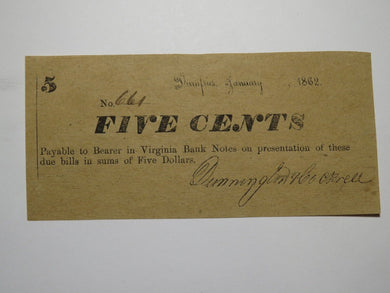 $.05 1862 Dumfries Virginia VA Obsolete Currency Bank Note Bill Dunnington
