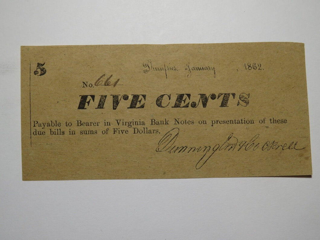 $.05 1862 Dumfries Virginia VA Obsolete Currency Bank Note Bill Dunnington