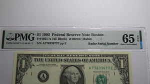 $1 1995 Radar Serial Number Federal Reserve Currency Bank Note Bill PMG UNC65EPQ