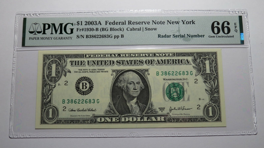 $1 2003 Radar Serial Number Federal Reserve Currency Bank Note Bill PMG UNC66EPQ